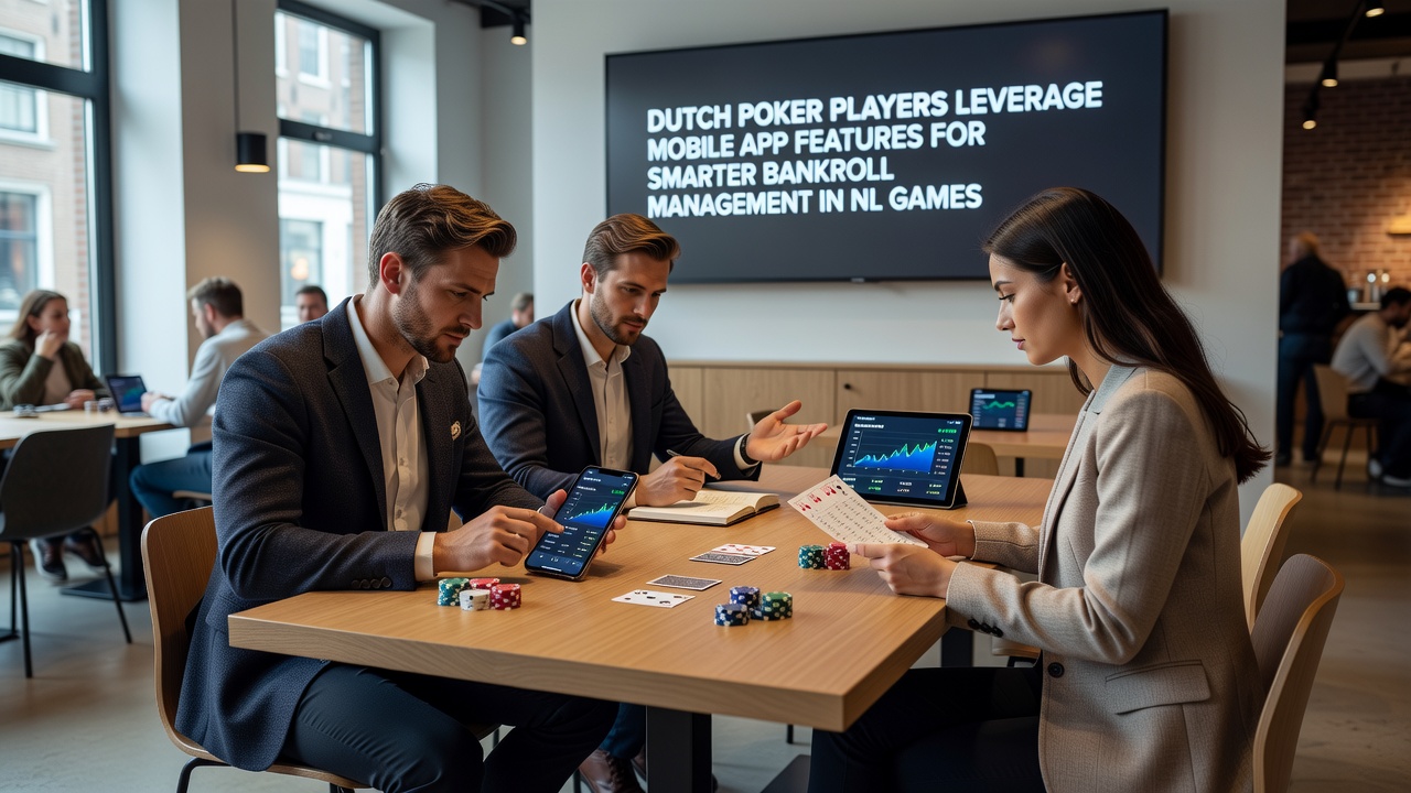 Speler bekijkt bankroll dashboard in een mobiele poker app met NL Hold'em statistieken