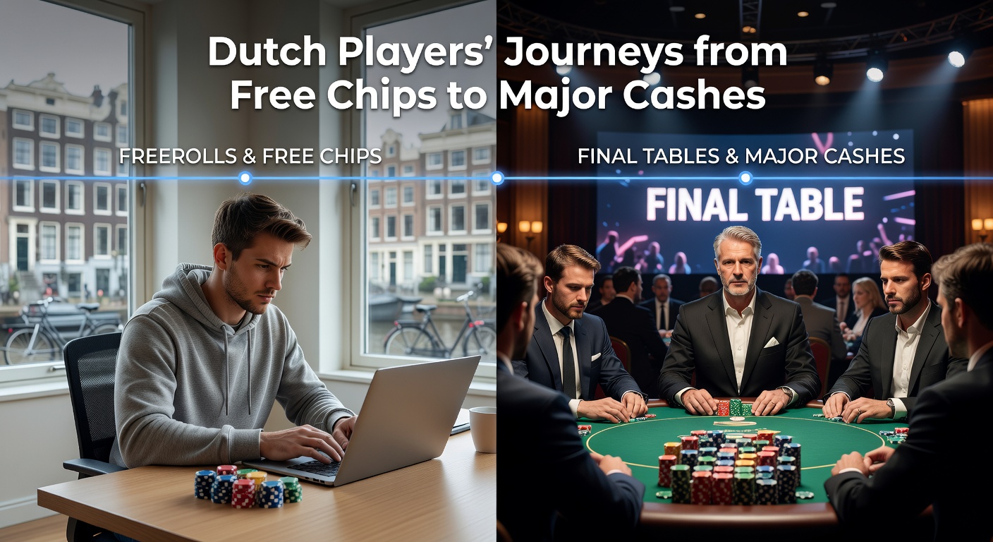 Nederlandse poker speler aan een online tafel, stackend chips tijdens een freeroll toernooi, met Nederlandse vlag op de achtergrond
