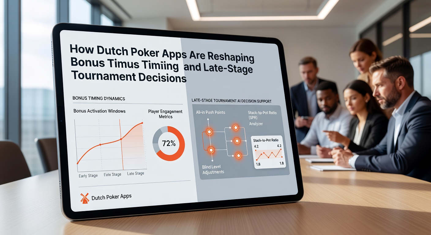 Late-stage toernooischerm in Nederlandse pokerapp met ICM-berekeningen en bonusindicatoren