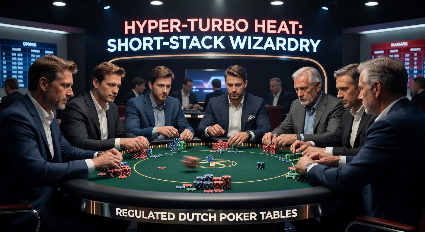 Speler duwt all-in in een hyper-turbo toernooi op een Nederlands pokersite, met snelle blinds en korte stacks zichtbaar op het scherm
