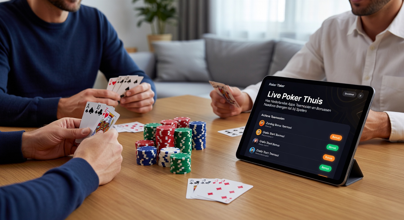 Speler aan huis met smartphone die live poker toernooi bijwoont, met kaarten en chips op tafel