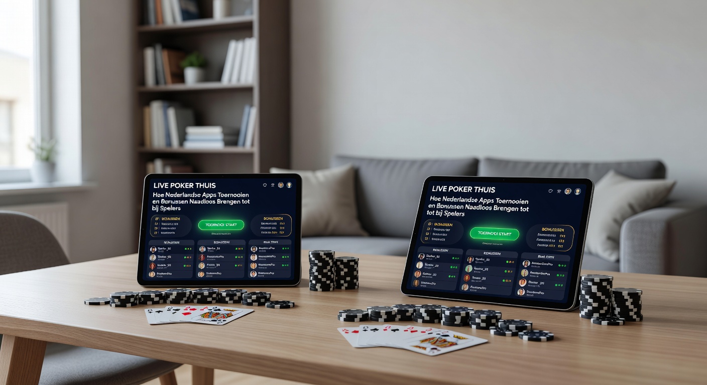 Mobiele app-interface met live dealer die kaarten deelt tijdens een Nederlands pokertoernooi, bonussen zichtbaar op scherm