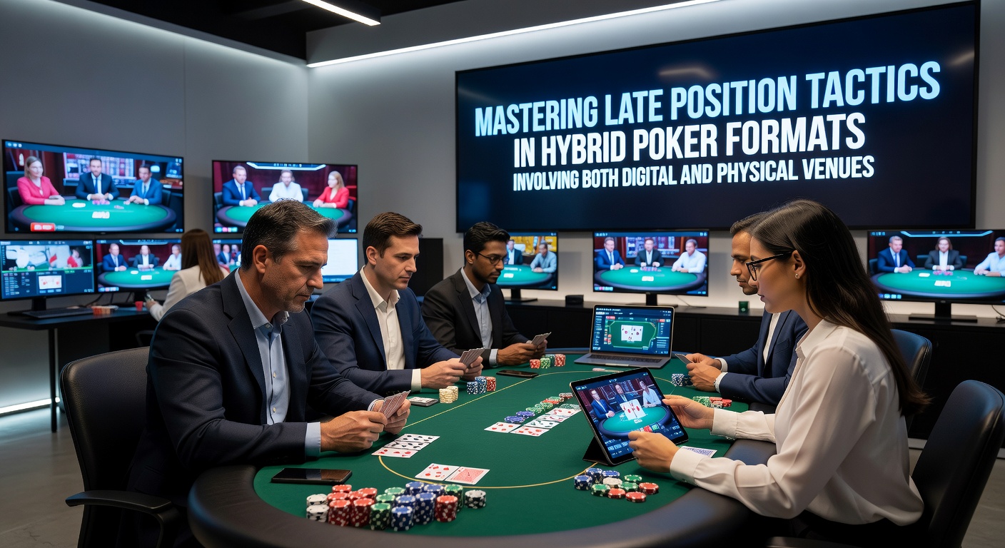 Spelers die late positie tactieken toepassen aan een hybride pokertafel met digitale en fysieke elementen
