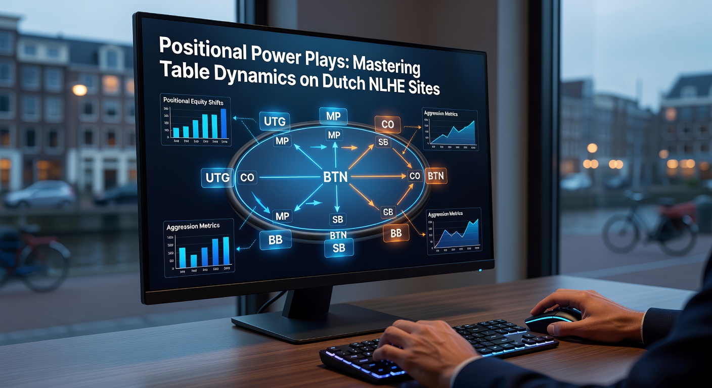 Pokertafel met spelers in verschillende posities tijdens een online NLHE sessie op een Nederlands platform, waar late positie spelers agressiever inzetten