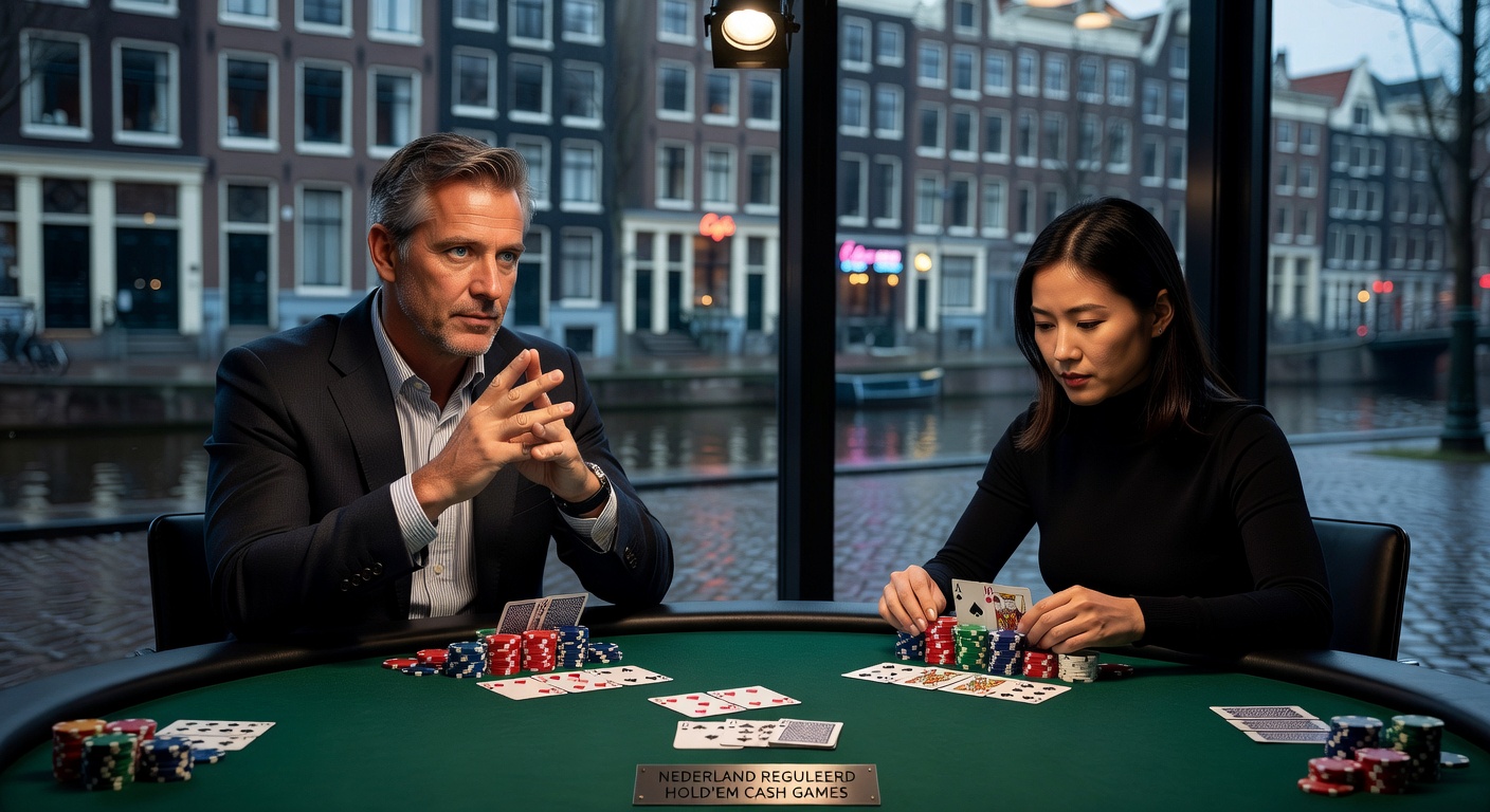 Poker spelers aan een cash game tafel in Nederland, met focus op positie-indicatoren zoals button en blinds