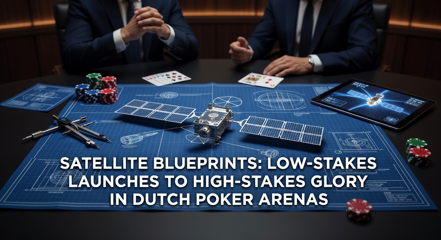 Een speler viert een satellietwinst aan een Nederlandse pokertafel, met chips en kaarten in de spotlight