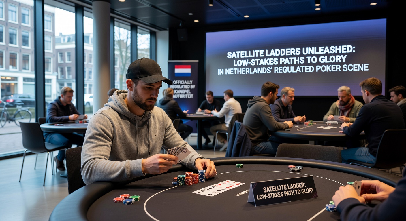 Overzicht van een satellietladderstructuur op een digitaal scherm, met buy-ins en prijzen die escaleren naar een groot toernooi
